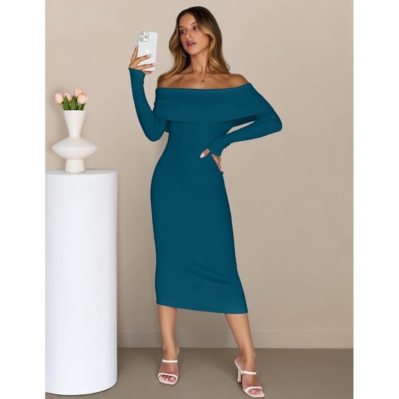 Merokeety Women's Teal Off Shoulder Long Sleeve Elegant Bodycon Midi Dress - Picture 7 of 9
